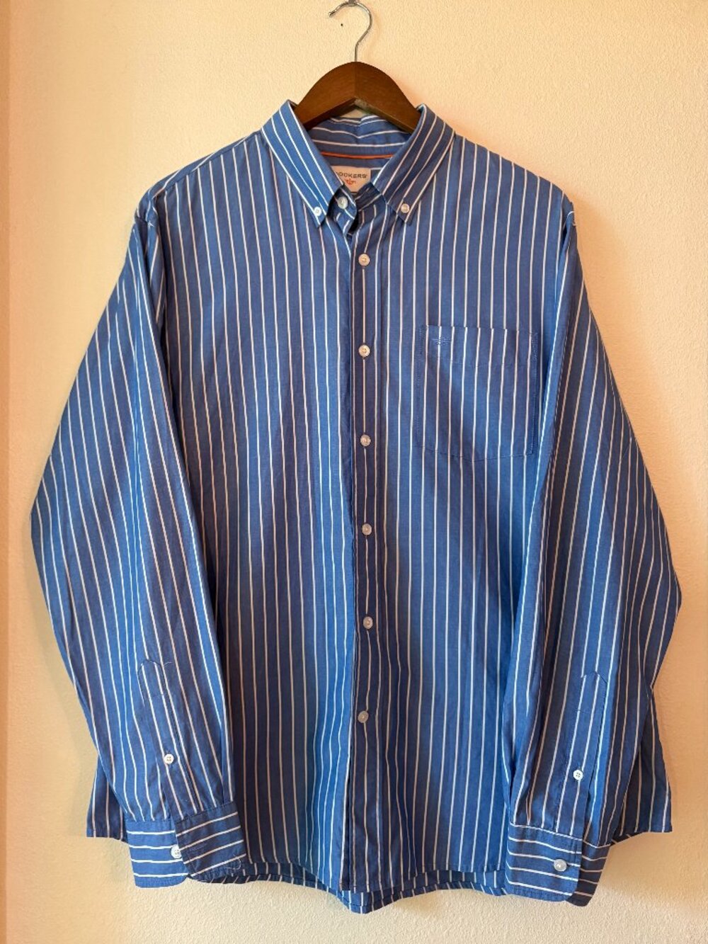 Dockers Blue White Vertical Stripe Button Down Shirt Long Sleeve Cotton Blend L